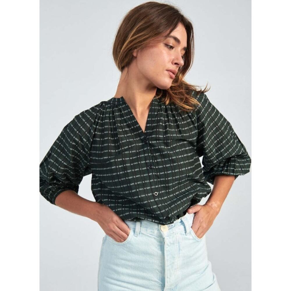 Apiece Apart Mitte Top Black And Green Stripes V-Neck Button 3/4 Sleeves Sz S